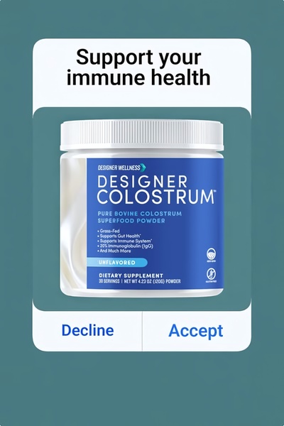 A clean, UI-inspired product ad featuring a bottle of bovine colostrum powder on a minimalist background with standard interaction buttons.